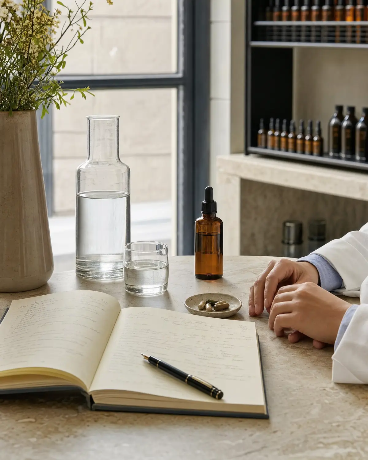 A consultation table with a notebook, a pen, water and an amber bottle