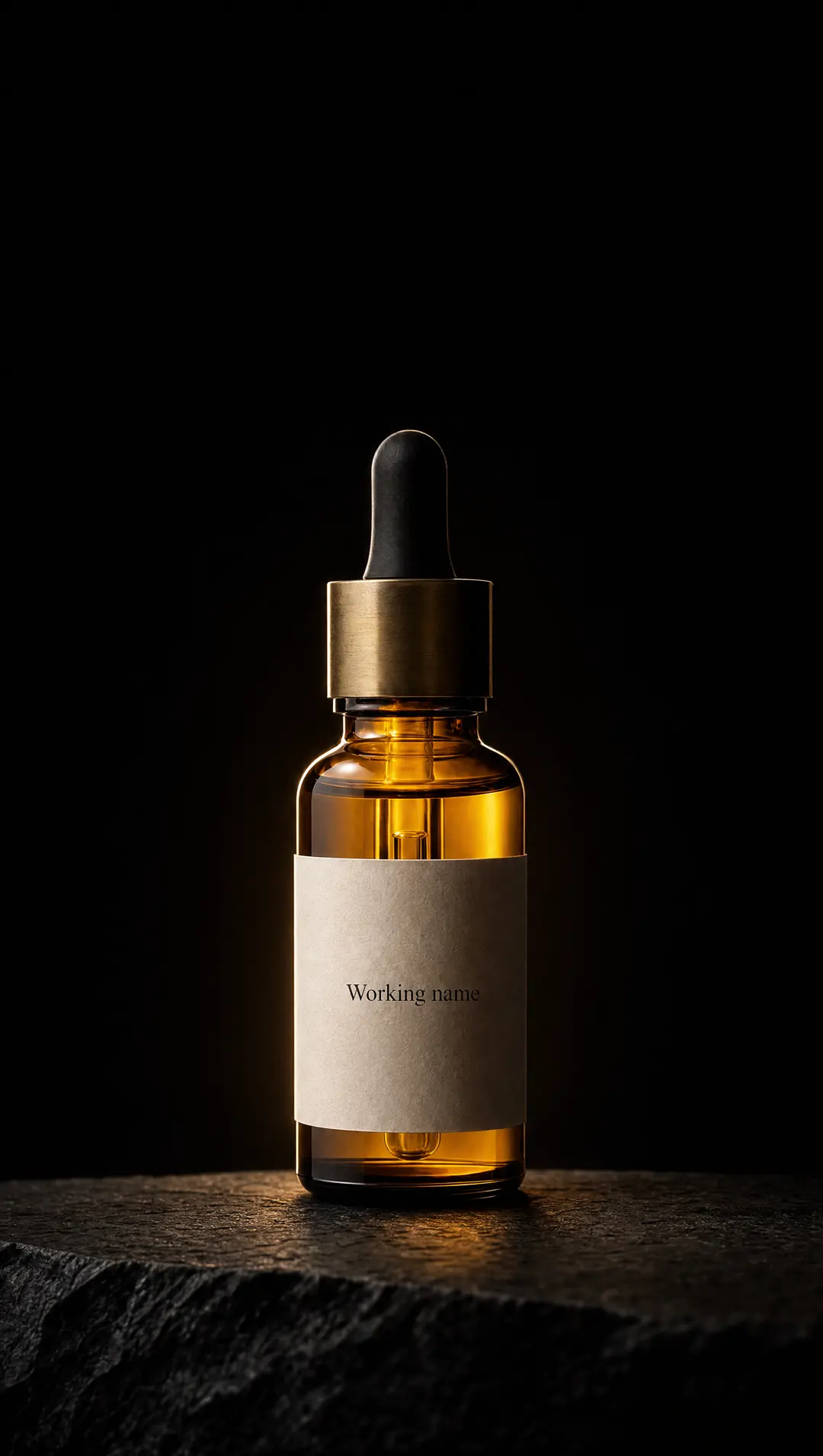 An amber dropper bottle glowing on dark stone