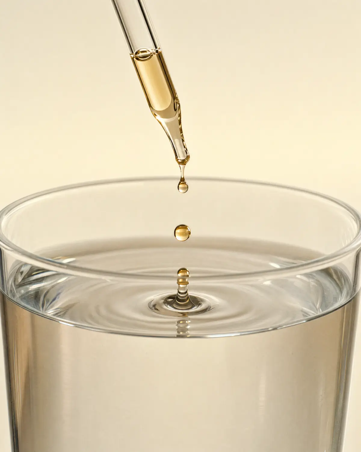 A golden drop falling from a glass pipette into water